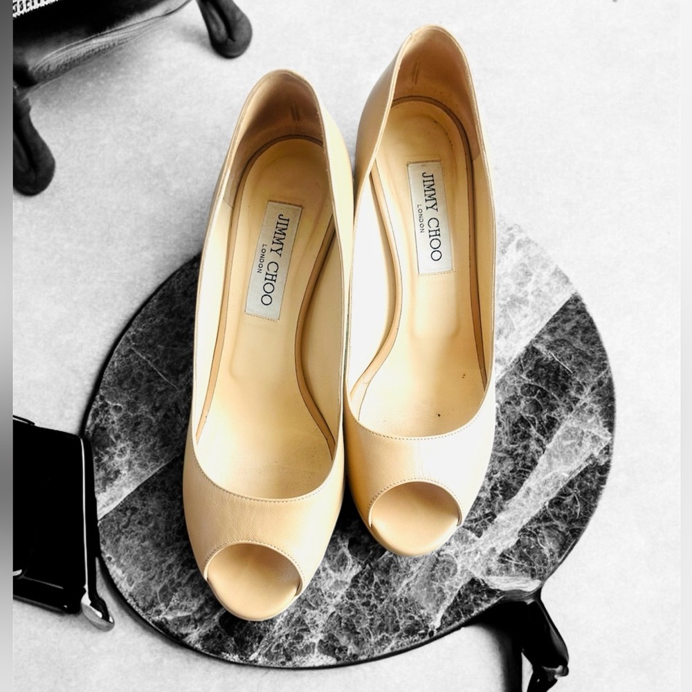 Jimmy Choo Beige Peep-Toe Leather Heels 8